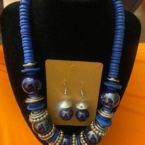Brand New Blue and Silver Necklace and Earring Set